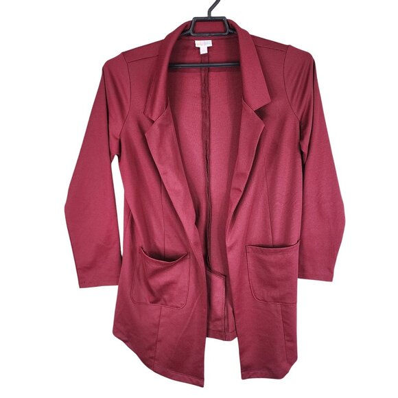 Womens Burgundy LuLaRoe Open Front Cardigan Blazer Long Sleeve Pockets Size M - Picture 1 of 9